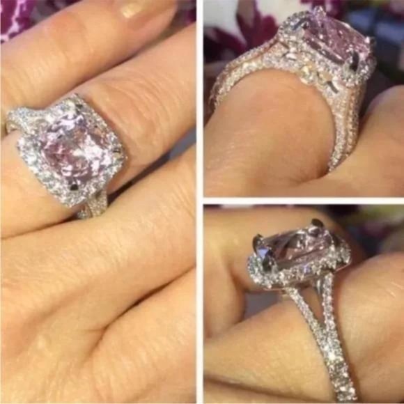 NEW  Luxury 5 Carat Pink Topaz Diamond Halo Engagement Ring - Picture 3 of 3